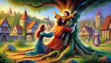 Miraculously restored boy embraces his father and sister Marlene beneath the juniper tree.