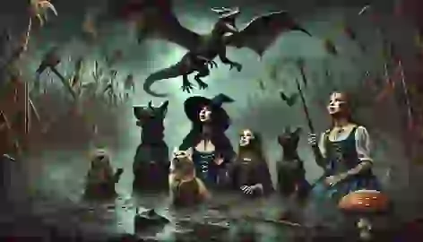 The witch and her friends covered in mud, looking up at a menacing dragon in a dark bog.