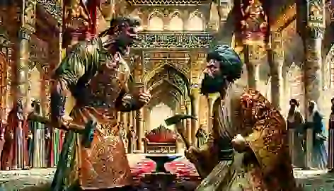 Kaveh confronts King Zahhak in the grand palace hall, holding his leather apron banner.