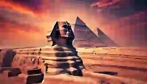 The Great Sphinx of Giza stands before the pyramids, with a desert sunset casting vibrant hues over the landscape.