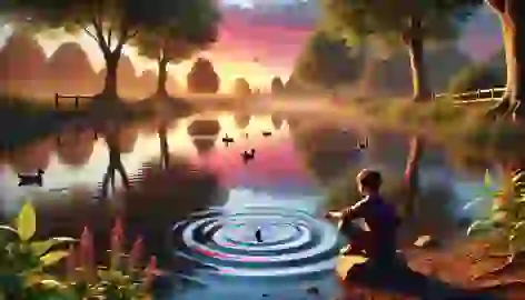 A boy skips a stone across a peaceful pond surrounded by trees at sunset.