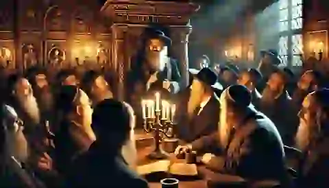 Rabbi Loew and the elders discussing the fate of the golem in a dimly lit synagogue.