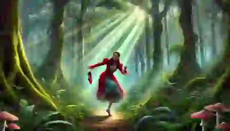 A young girl in red shoes dancing uncontrollably in a forest, her expression a mix of fear and joy.