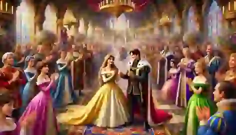 Grand hall celebration with Aurora, Philip, the king, queen, and courtiers rejoicing the breaking of the curse.