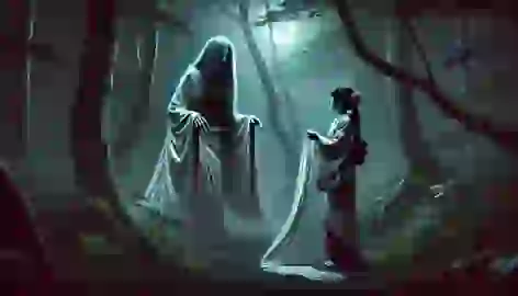 A young girl meets a ghostly yurei in a foggy forest, holding a torn silk ribbon.