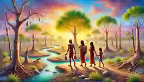 Djanggawul siblings walking through the barren land, life springing forth with trees and rivers