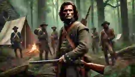 Davy Crockett as a soldier during the War of 1812, standing determined in a dense Southern forest.