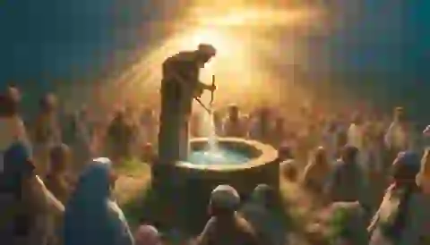  Villagers gathered around a well at dawn, water flowing abundantly as Al-Khidr dips his staff into it, with the first rays of the sun kissing the earth.