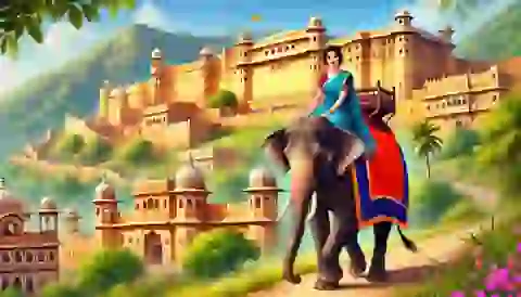 Kim riding an elephant to Amer Fort in Jaipur, with the fort