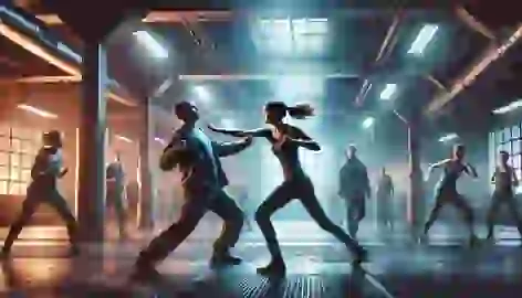 Tris blocks a punch from a larger opponent during Dauntless combat training, with other initiates watching the intense scene.