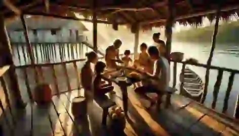 Caboclo family sharing a meal of manioc and fish in their stilted home by the river, with sunlight streaming in.