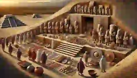 Tomb of the Lord of Sipán closed, with offerings and ceremonial objects laid before it as priests pay their final respects.