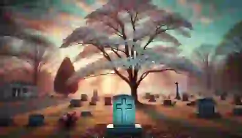 The Dogwood Tree standing beside a gravestone in a quiet cemetery during a serene sunrise.