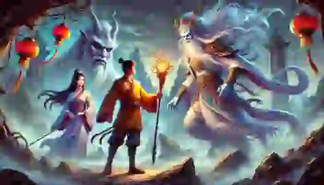 Sun Wukong confronts the White Bone Demon disguised as a young woman, with his companions unaware of the danger.