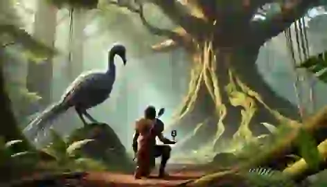 Tama kneels in a sacred forest glade, offering a carved token, while the Moa watches from the distance in a serene setting.