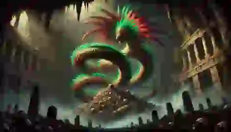 Quetzalcoatl, the Feathered Serpent god, descends into the underworld surrounded by bones and mist.