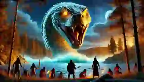 The Great Serpent rises from the lake, its towering figure looming over the warriors standing on the shore.