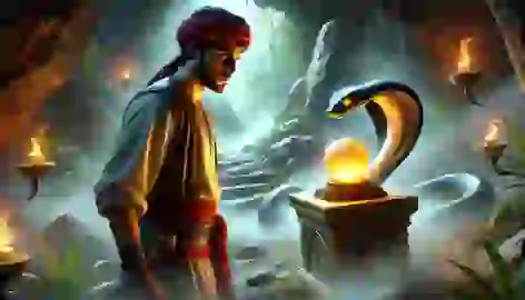 Tarek confronts a golden-eyed serpent protecting a glowing pearl in a cave.