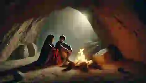 Inside the Lover’s Cave, Majid and Leyla sit by a fire, sharing a peaceful and intimate moment, safe in their refuge.