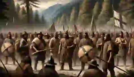 Mapuche warriors in traditional clothing prepare for battle in a forest clearing with mountains in the background.