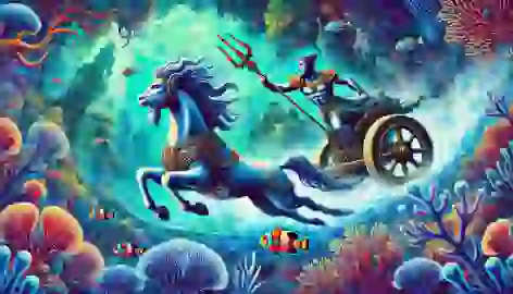 Poseidon chasing Amphitrite through vibrant ocean depths in his hippocampus-drawn chariot.