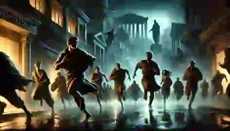 Daedalus and his followers flee the city of Atlantis at night, pursued by guards through darkened streets