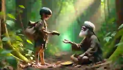 The Ash Lad shares his meal with an old beggar on a forest path, surrounded by lush greenery