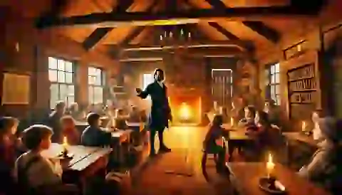 Ichabod Crane teaching local children inside a cozy, dimly lit schoolhouse.