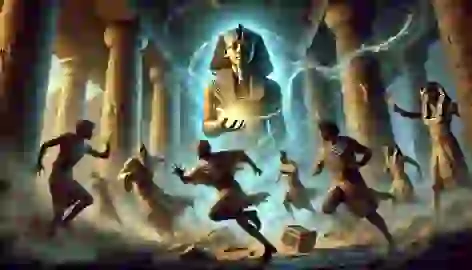 Pharaoh and his men flee the tomb as divine energy swirls around and the statues of Khepri come to life.