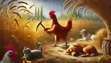 The Little Red Hen harvesting wheat, with the cat, dog, and duck still lounging around lazily.