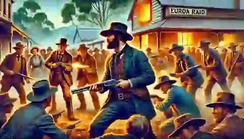 The Kelly Gang during the Euroa raid, capturing the tension and excitement as they hold the townspeople hostage.