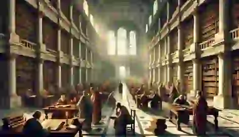 Scholars studying scrolls inside the grand Library of Alexandria, surrounded by towering bookshelves and sunlight.