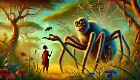 Anansi the spider gestures toward the curious fly in an African savannah forest setting.