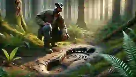 Jerry Crew discovers a massive 16-inch footprint in the forest near Bluff Creek, surrounded by dense foliage.