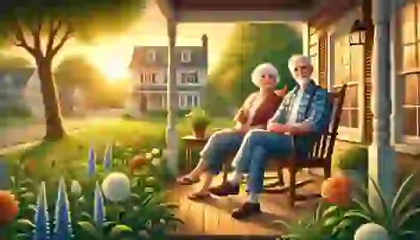 John and Madge sit peacefully on their porch in retirement, reflecting on their life in a calm, suburban setting.