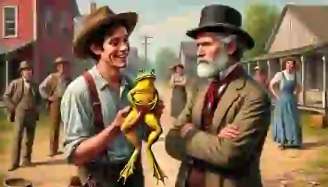 Jim Smiley proudly shows his frog, Dan’l Webster, to a skeptical stranger on a dirt road in a small rural town.