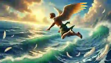 Daedalus searches the ocean in despair, hovering above the water as feathers float on the surface after Icarus