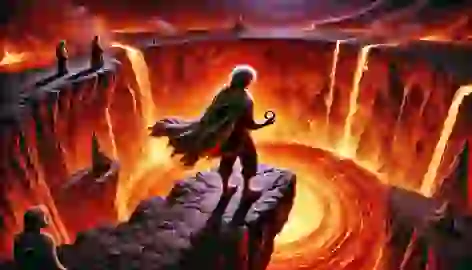 Frodo stands at Mount Doom, holding the One Ring as Sam watches anxiously. The fiery chasm below glows with red lava.