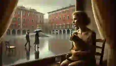 American woman looks out of a rainy window in her hotel room, holding a cat, as the empty town square outside is visible.