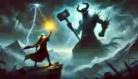 Final battle between Arash, wielding a glowing hammer, and Ahriman, a towering shadowy figure, under a stormy sky.