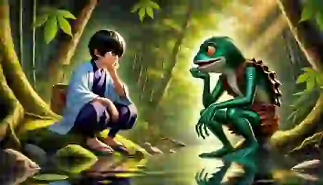 Hiroshi and the Kappa engage in a contest of wits by the riverbank, both deeply focused on the challenge.