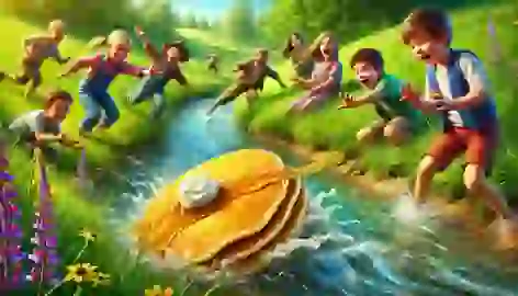  A golden pancake rolls away from a group of excited children near a stream in a lush countryside.