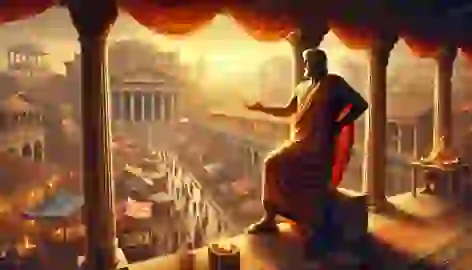 Sisyphus stands proudly on a balcony overlooking the prosperous city of Ephyra, feeling triumphant after escaping the underworld.