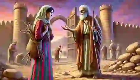 Elijah asks the widow of Zarephath for food at the city gates, while she carries sticks, looking sorrowful.