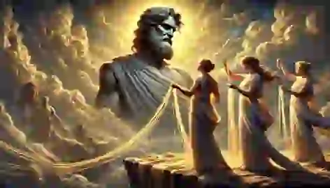 Zeus observing the Fates as they weave a mortal’s destiny