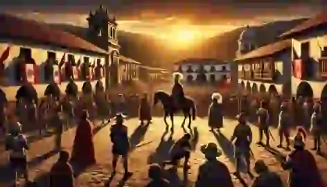 Atahualpa is led to the platform in Cajamarca’s square surrounded by Spanish soldiers as the sun sets.