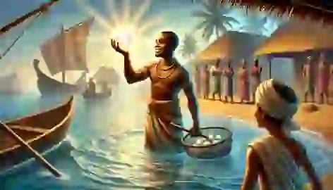 Ndongo returns to his village with a glowing pearl, welcomed by smiling villagers on a calm and peaceful shore.