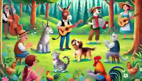 Donkey, dog, cat, and rooster playing music in front of a clapping and smiling crowd in a vibrant forest clearing.