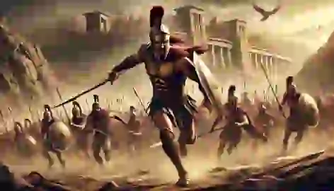 Achilles leads his Myrmidons into battle, charging toward the towering walls of Troy amidst the dust and chaos.