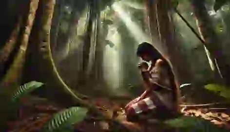 Grieving Indigenous mother praying in the Amazon rainforest, seeking solace among the trees.